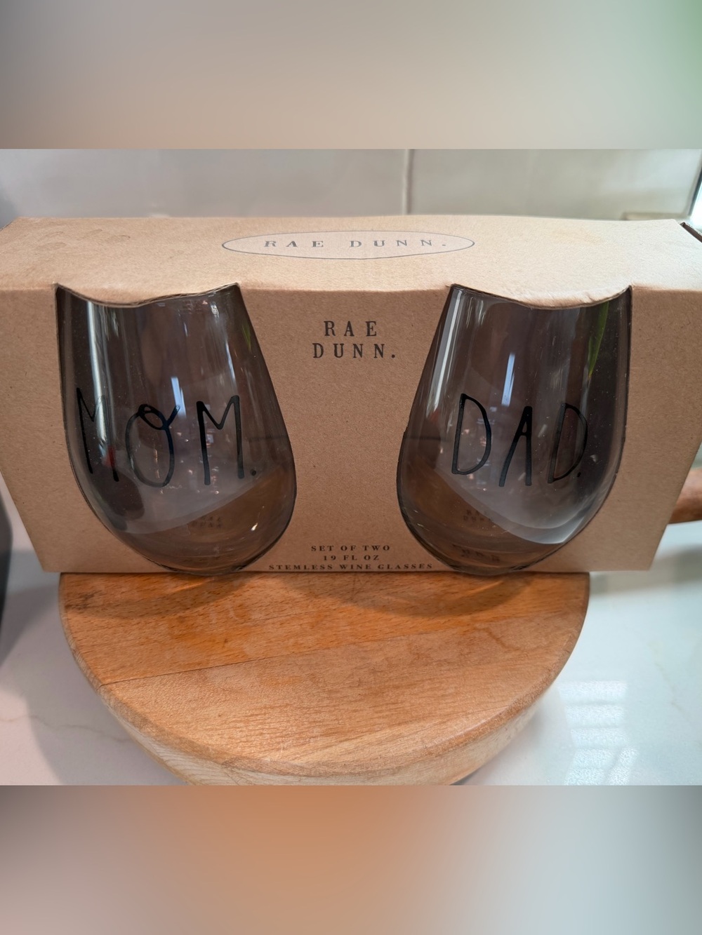 Rae Dunn Clear "Mom" & "Dad" Stemless Wine Glasses - Set of 2